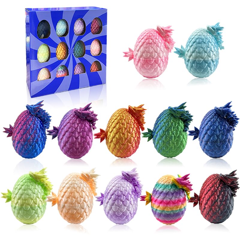12-Pack 3D Printed Dragon Eggs with Hidden Dragons Inside - Collectible Toys for Kids, Easter Gifts & Party Favors