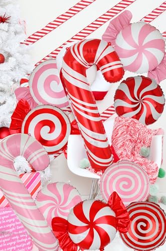 12-Pack Christmas Candy Balloon Set – Candy Cane, Sweet Candy & Lollipop Mylar Balloons in Red & Pink for Candyland Theme Party Decor