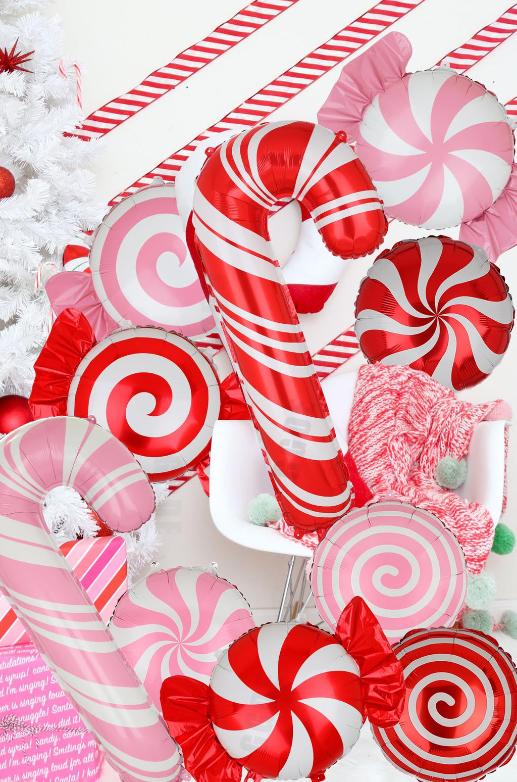 12-Pack Christmas Candy Balloon Set – Candy Cane, Sweet Candy & Lollipop Mylar Balloons in Red & Pink for Candyland Theme Party Decor
