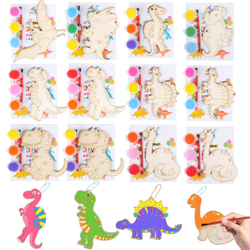 12-Pack Dinosaur Wooden Keychain Painting Kit – Kids Arts and Crafts Party Favors
