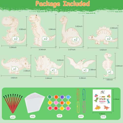 12-Pack Dinosaur Wooden Keychain Painting Kit – Kids Arts and Crafts Party Favors