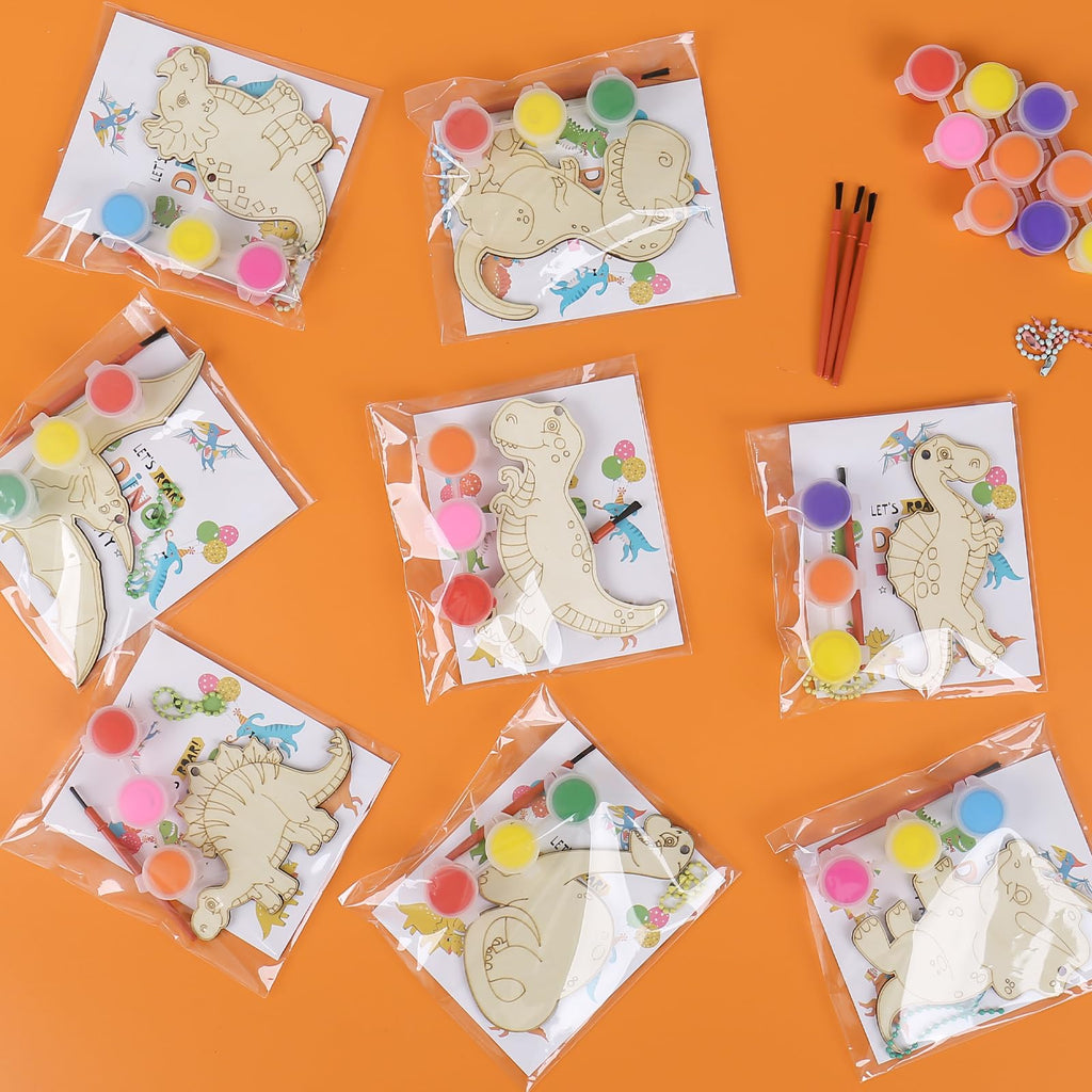 12-Pack Dinosaur Wooden Keychain Painting Kit – Kids Arts and Crafts Party Favors