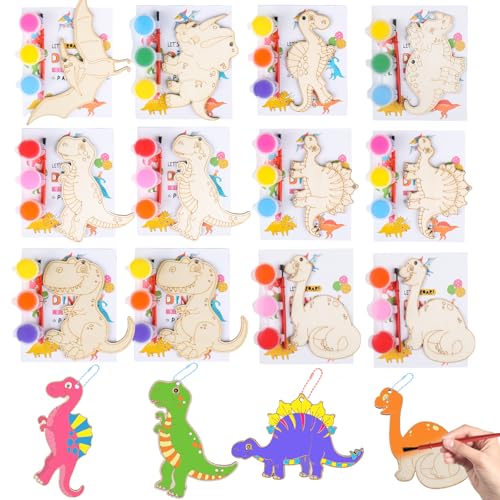 12-Pack Dinosaur Wooden Keychain Painting Kit – Kids Arts and Crafts Party Favors