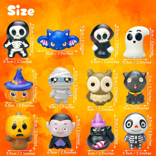 12 Pack Halloween Squishies Stress Ball Set - Cartoon Mummy Pumpkin Bat Ghost Dolls Bulk Stress Relief Squeeze Toys for Kids Adults