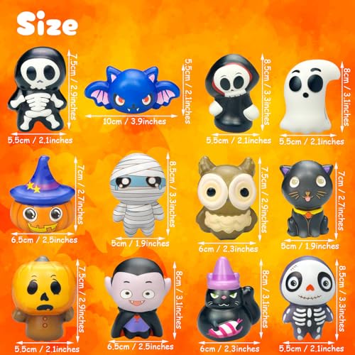 12 Pack Halloween Squishies Stress Ball Set - Cartoon Mummy Pumpkin Bat Ghost Dolls Bulk Stress Relief Squeeze Toys for Kids Adults