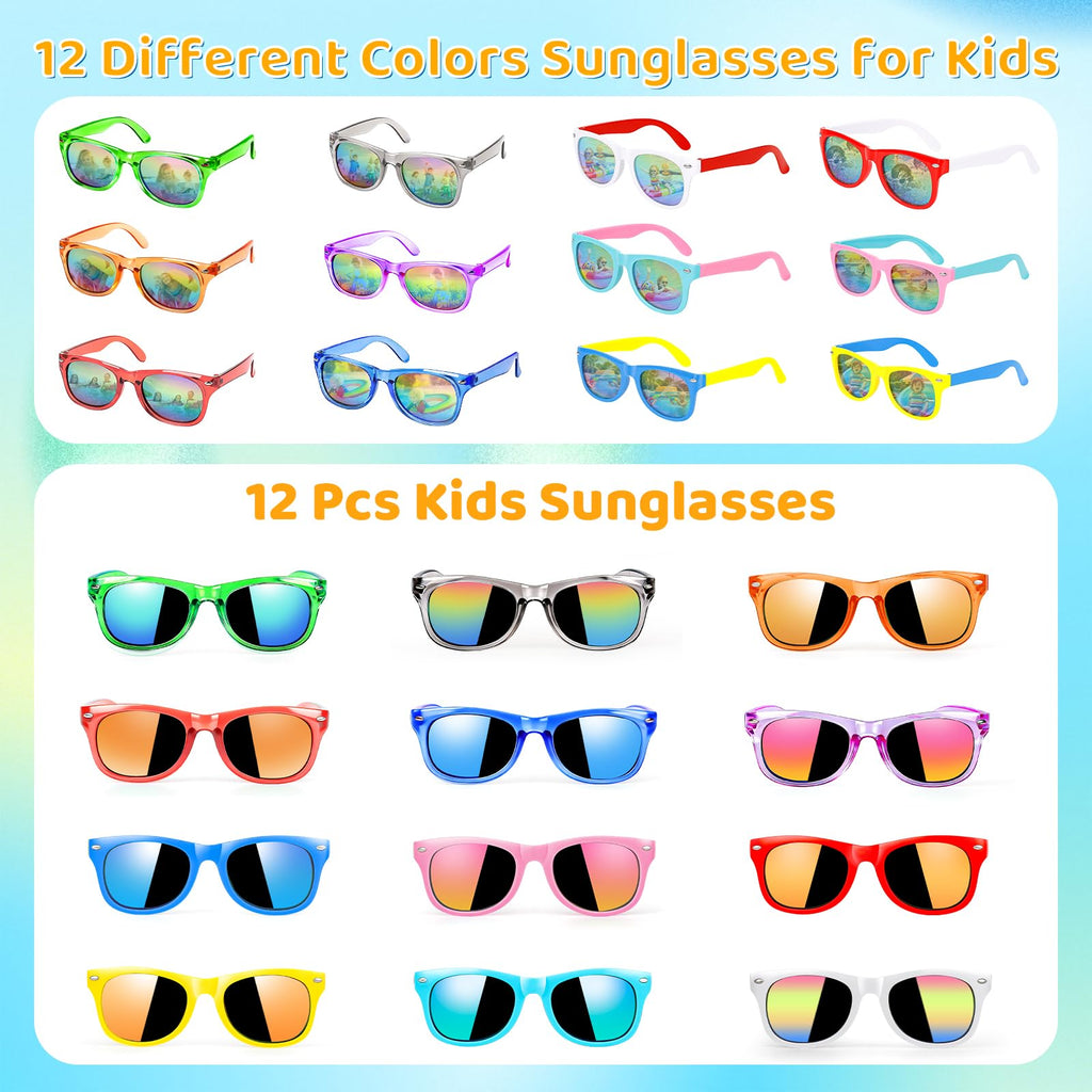 12-Pack Lifree Kids Sunglasses Bulk Party Favors - UV400 Protection for Ages 3-8, Neon Colors for Pool and Birthday Parties