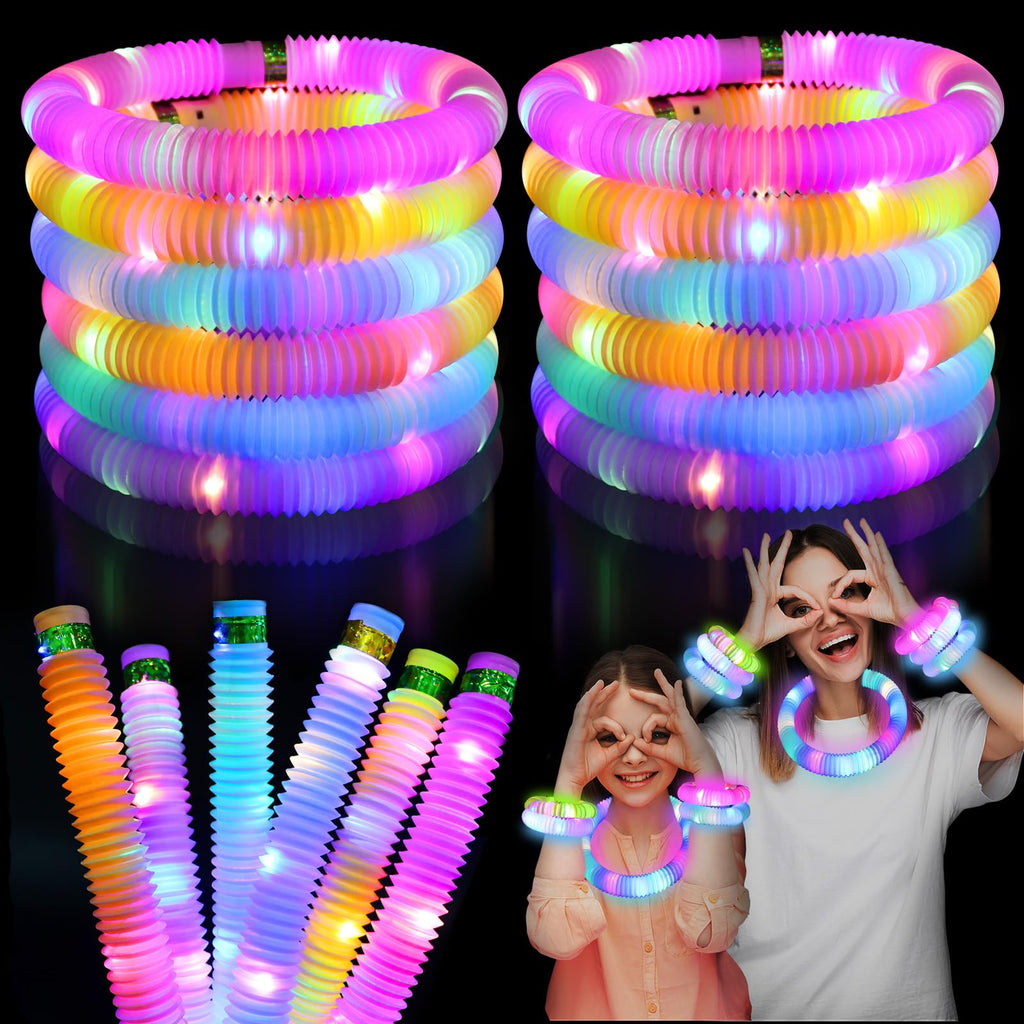 12 Pack Light Up Pop Fidget Tubes Party Favors for Kids - Glow in the Dark Sensory Toys with 3 Light Modes