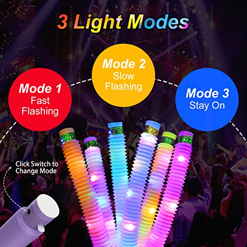 12 Pack Light Up Pop Fidget Tubes Party Favors for Kids - Glow in the Dark Sensory Toys with 3 Light Modes