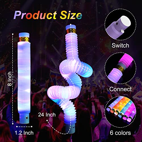 12 Pack Light Up Pop Fidget Tubes Party Favors for Kids - Glow in the Dark Sensory Toys with 3 Light Modes