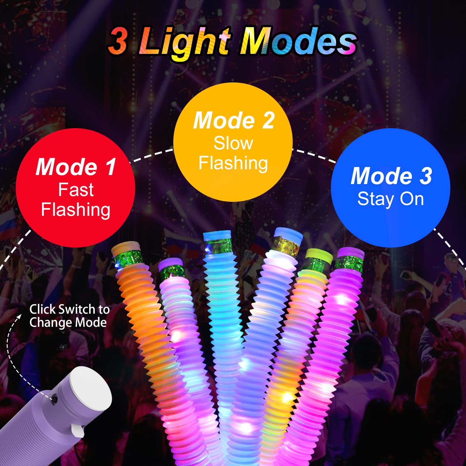 12 Pack Light Up Pop Fidget Tubes Party Favors for Kids - Glow in the Dark Sensory Toys with 3 Light Modes