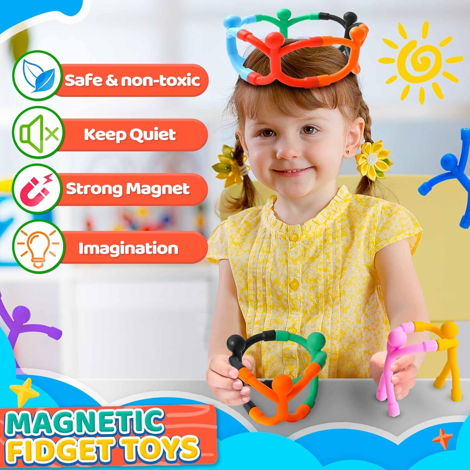 12-Pack Magnetic Silicone Fidget Travel Toys for Kids Ages 3-8 – Bendable Sensory Toys with Embedded Magnets