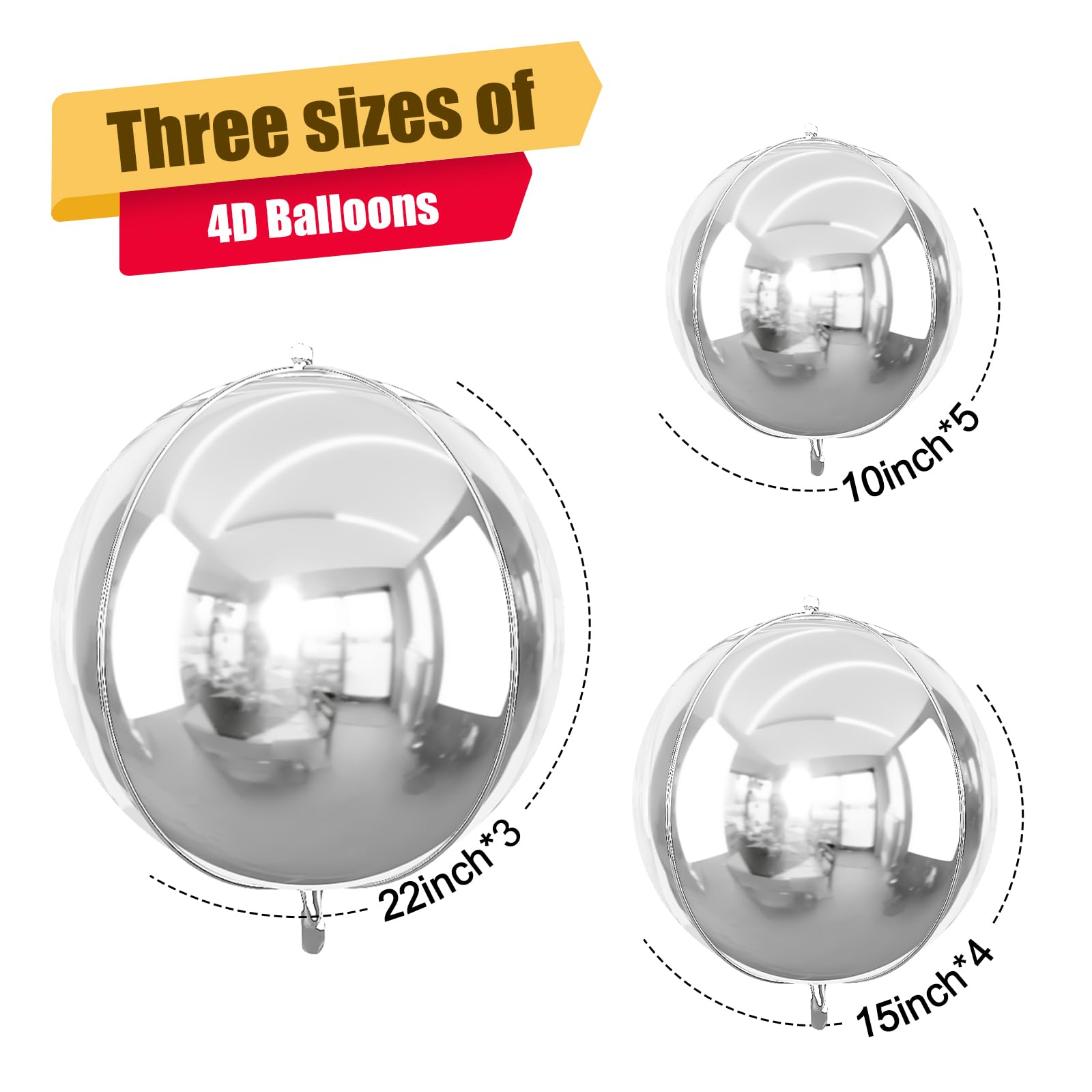 12-Pack Metallic Silver 4D Foil Balloons – 22", 15", 10" Sizes for Parties