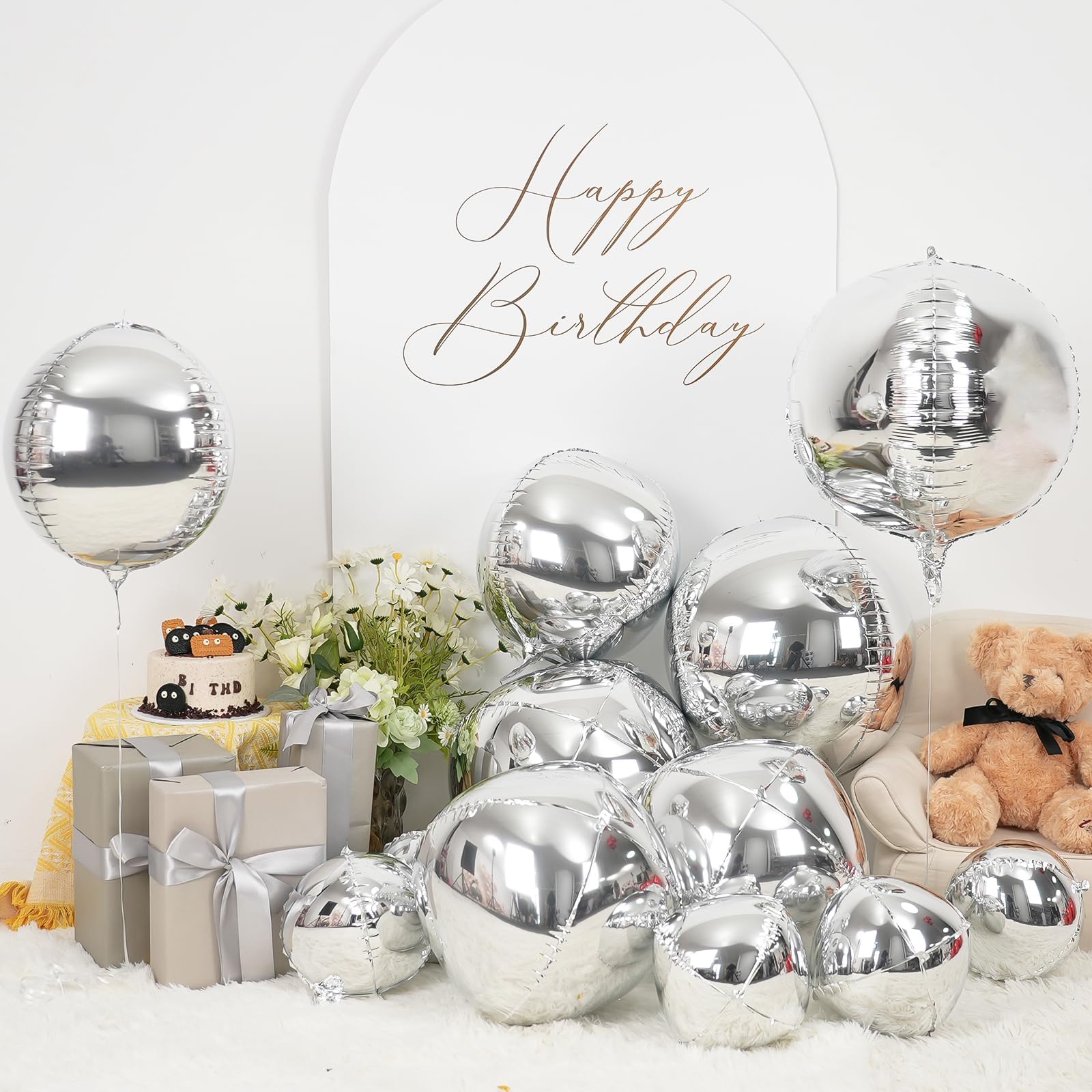 12-Pack Metallic Silver 4D Foil Balloons – 22", 15", 10" Sizes for Parties