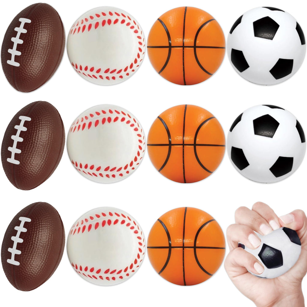 12-Pack Mini Foam Sports Balls – Soccer, Basketball, Football, Baseball Mix for Stress Relief & Party Favors