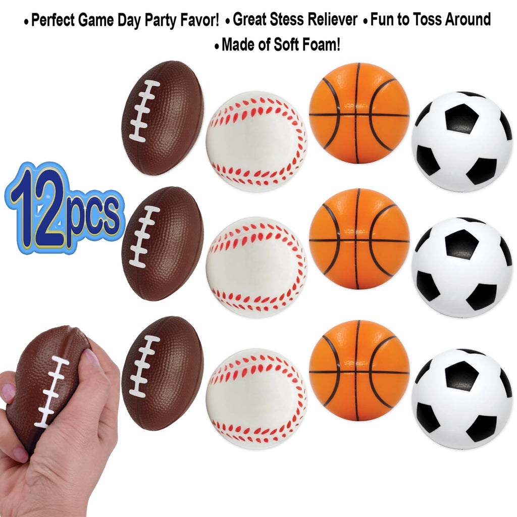 12-Pack Mini Foam Sports Balls – Soccer, Basketball, Football, Baseball Mix for Stress Relief & Party Favors