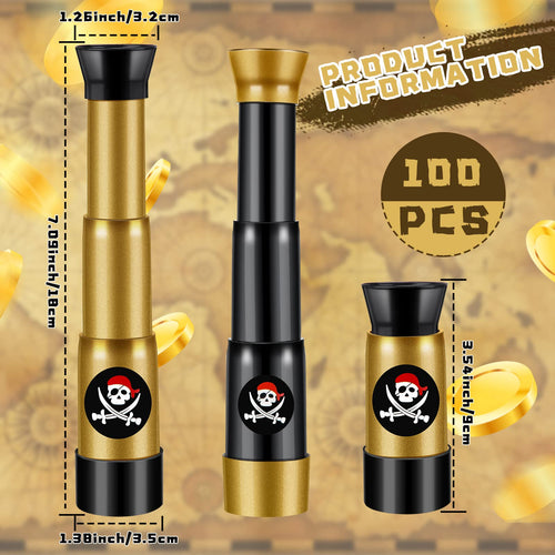12-Pack Pirate Telescope Toys for Kids - Adjustable Spyglass Party Favors in Black & Bronze