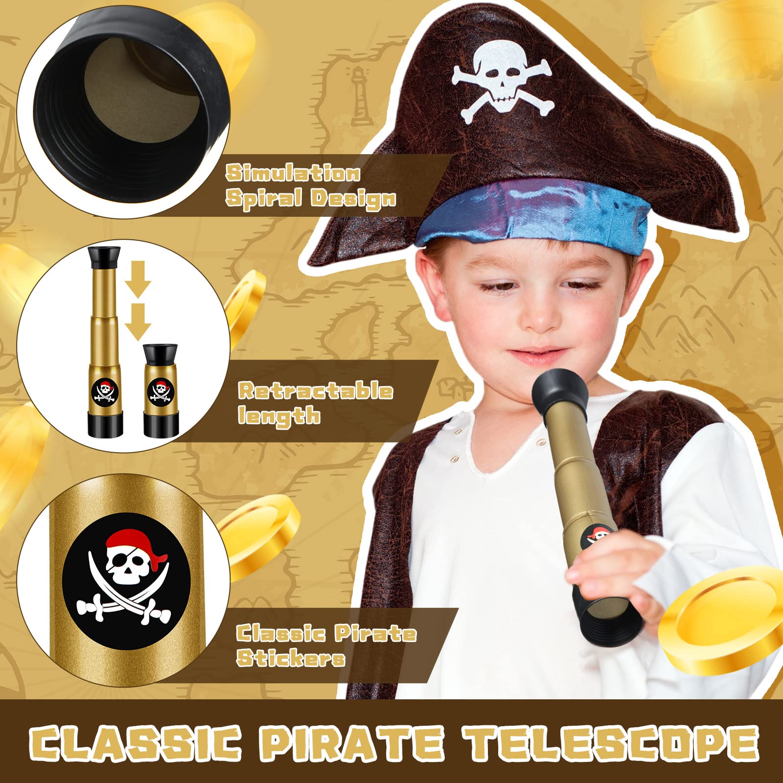 12-Pack Pirate Telescope Toys for Kids - Adjustable Spyglass Party Favors in Black & Bronze