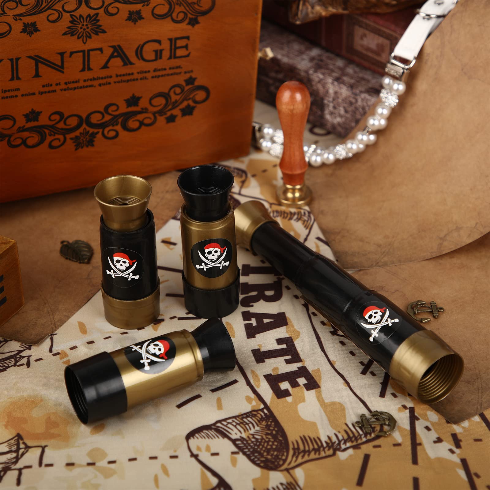 12-Pack Pirate Telescope Toys for Kids - Adjustable Spyglass Party Favors in Black & Bronze