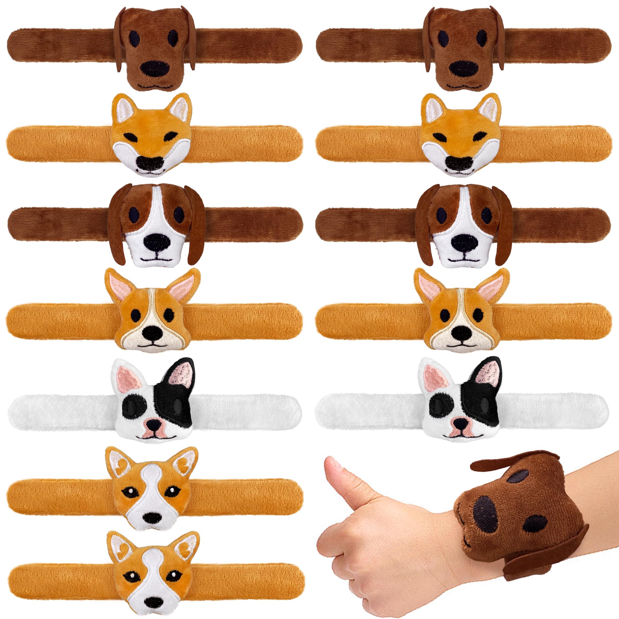 12-Pack Plush Dog Slap Bracelets – Cute Animal Wrist Toys for Party Favors and Gifts