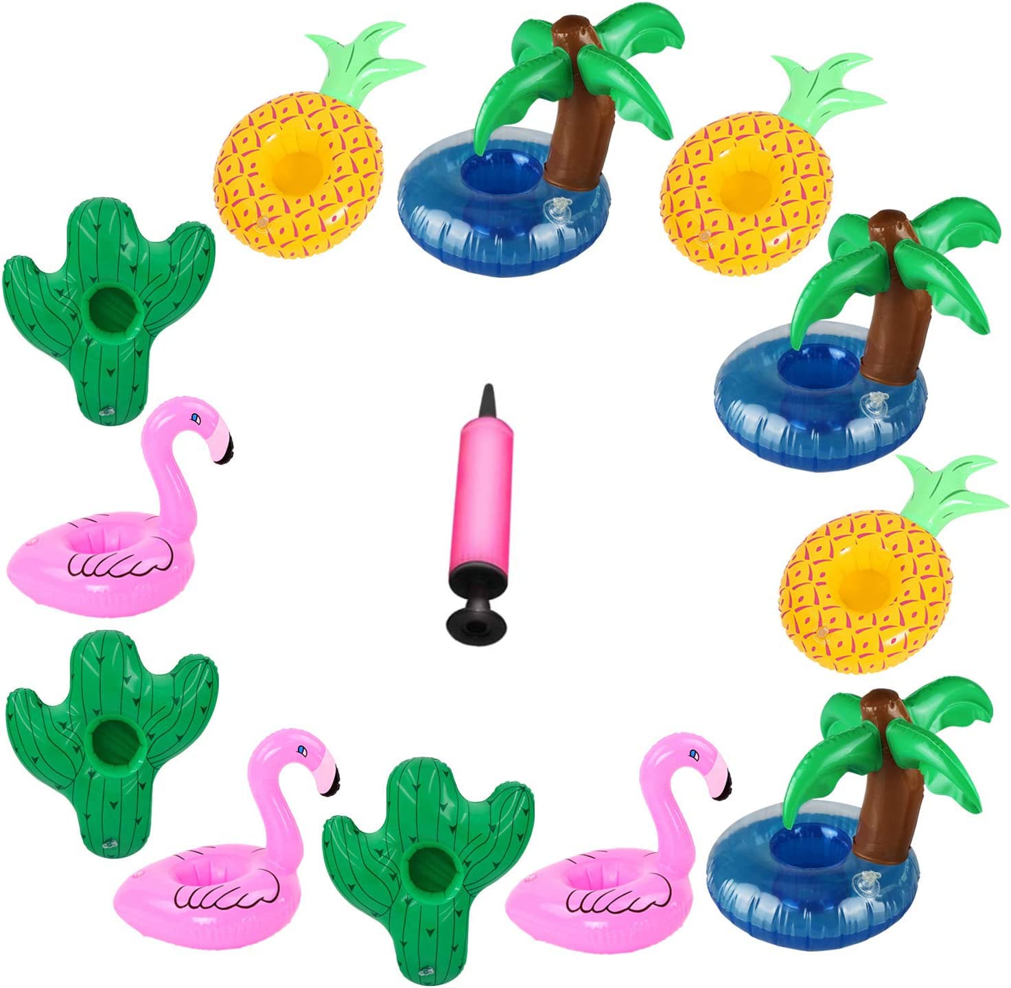 12 Pack Pool Drink Holders - Inflatable Cup Coasters with Mini Air Pump (Flamingo, Cactus, Palm Tree, Pineapple)