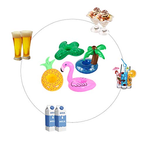12 Pack Pool Drink Holders - Inflatable Cup Coasters with Mini Air Pump (Flamingo, Cactus, Palm Tree, Pineapple)