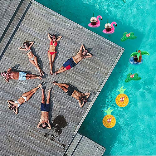 12 Pack Pool Drink Holders - Inflatable Cup Coasters with Mini Air Pump (Flamingo, Cactus, Palm Tree, Pineapple)