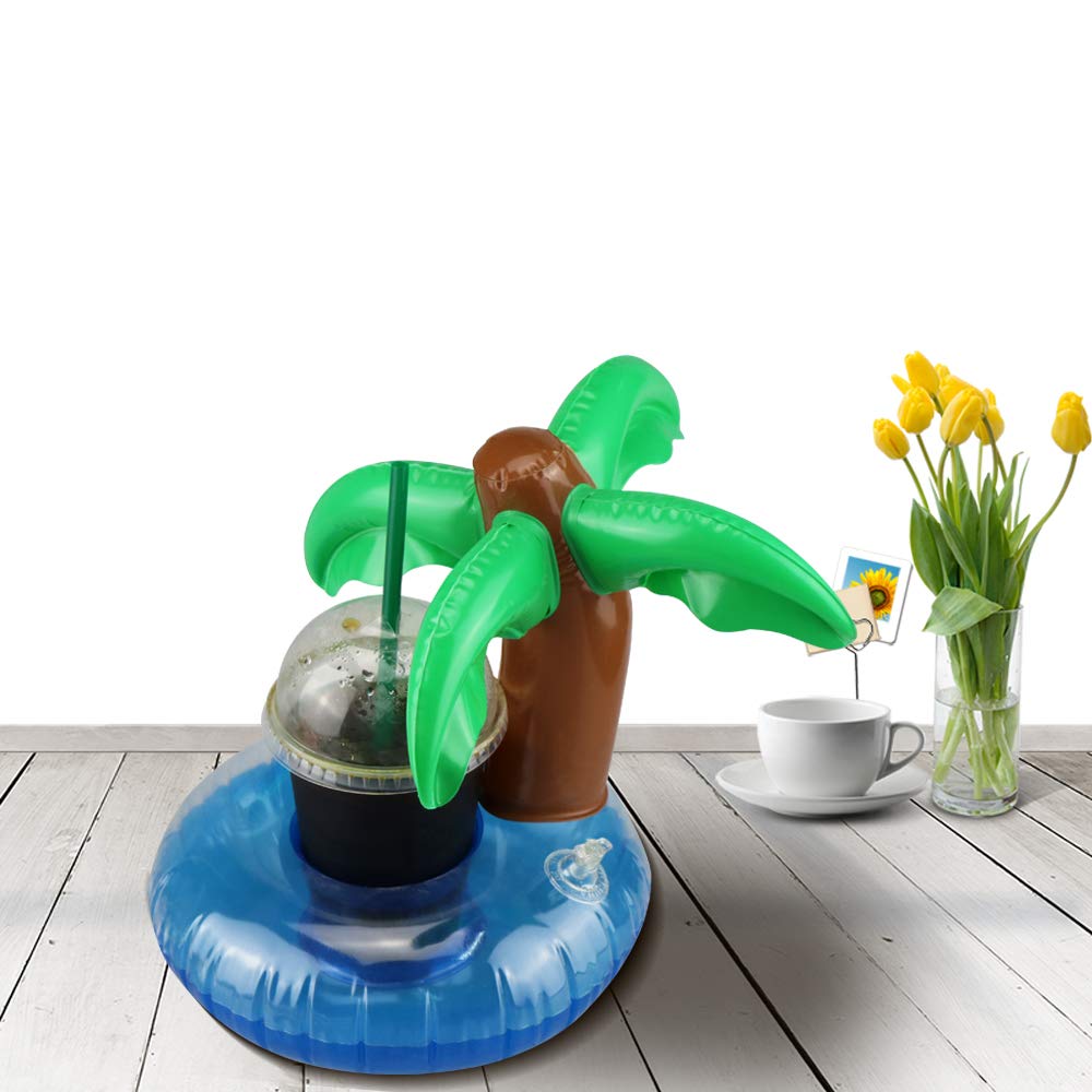 12 Pack Pool Drink Holders - Inflatable Cup Coasters with Mini Air Pump (Flamingo, Cactus, Palm Tree, Pineapple)