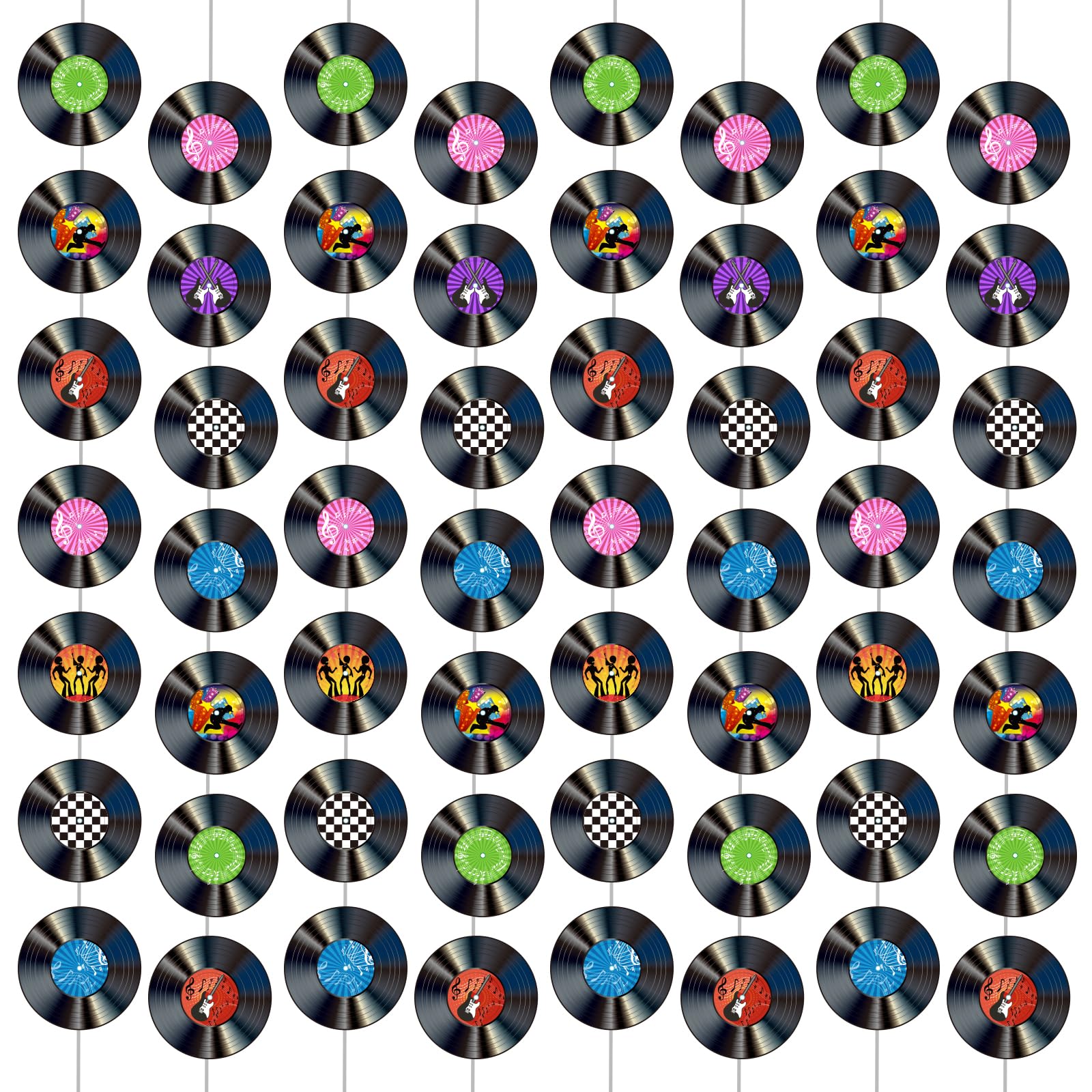 12 Pack Retro Vinyl Record Banners for 50s Theme Parties - 7 Patterns per String, 110cm Strips