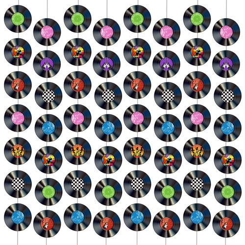 12 Pack Retro Vinyl Record Banners for 50s Theme Parties - 7 Patterns per String, 110cm Strips