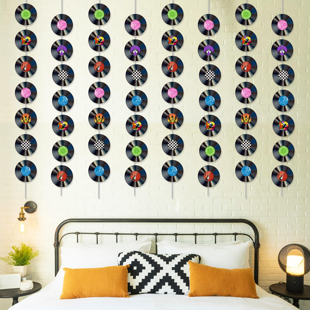 12 Pack Retro Vinyl Record Banners for 50s Theme Parties - 7 Patterns per String, 110cm Strips