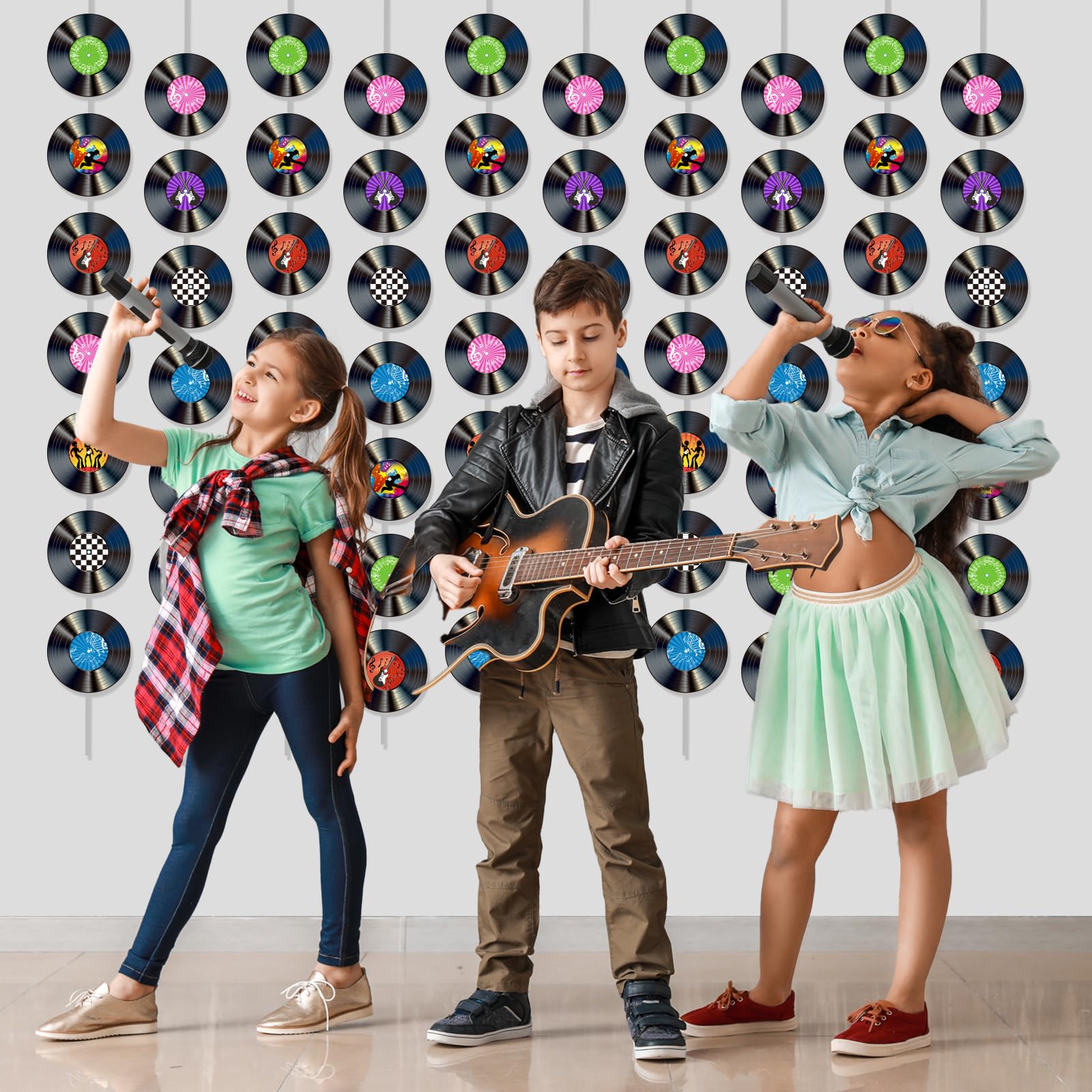 12 Pack Retro Vinyl Record Banners for 50s Theme Parties - 7 Patterns per String, 110cm Strips