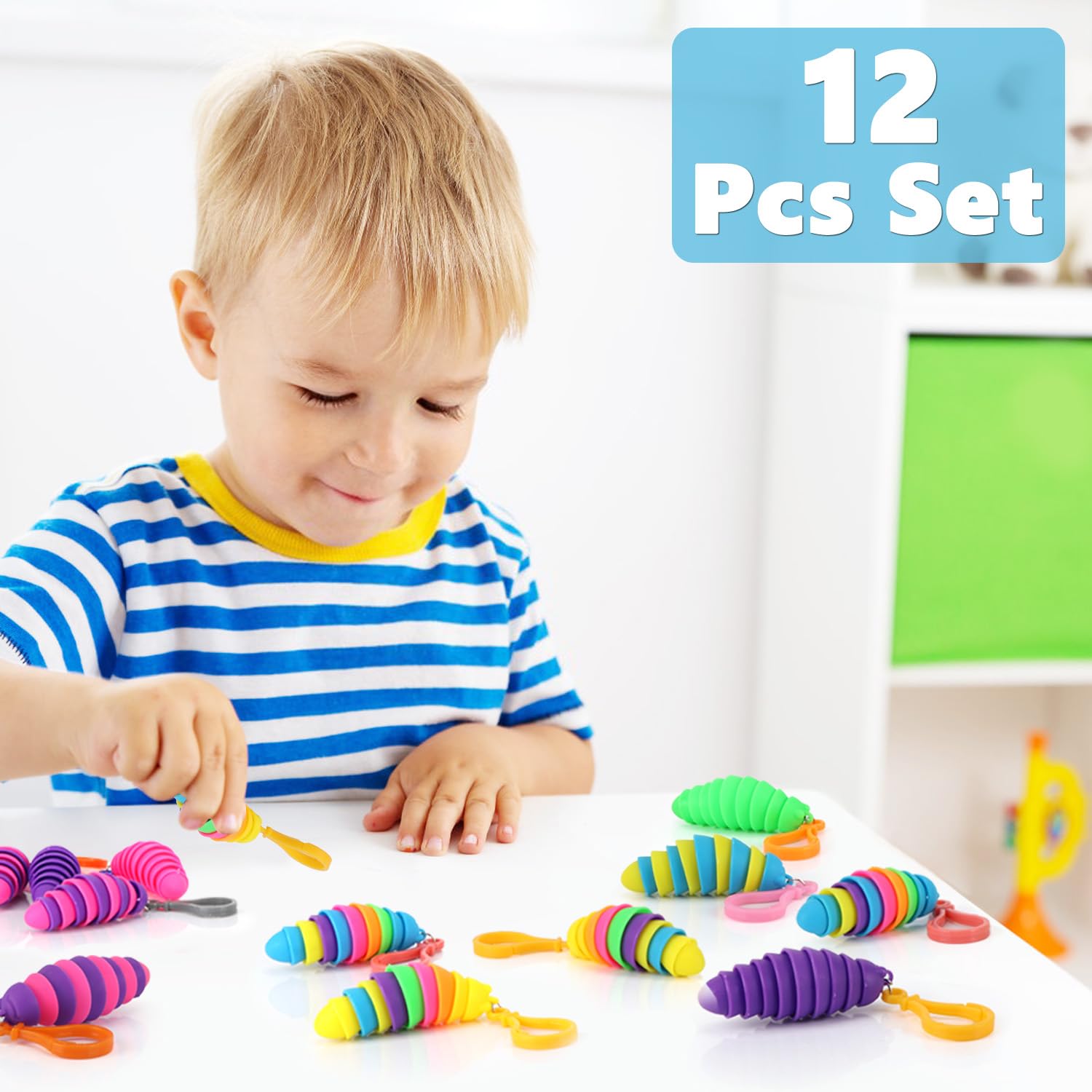 12 Pack Sensory Slug Fidget Toys – Articulated Stretch Caterpillars for Anxiety Relief and Party Favors