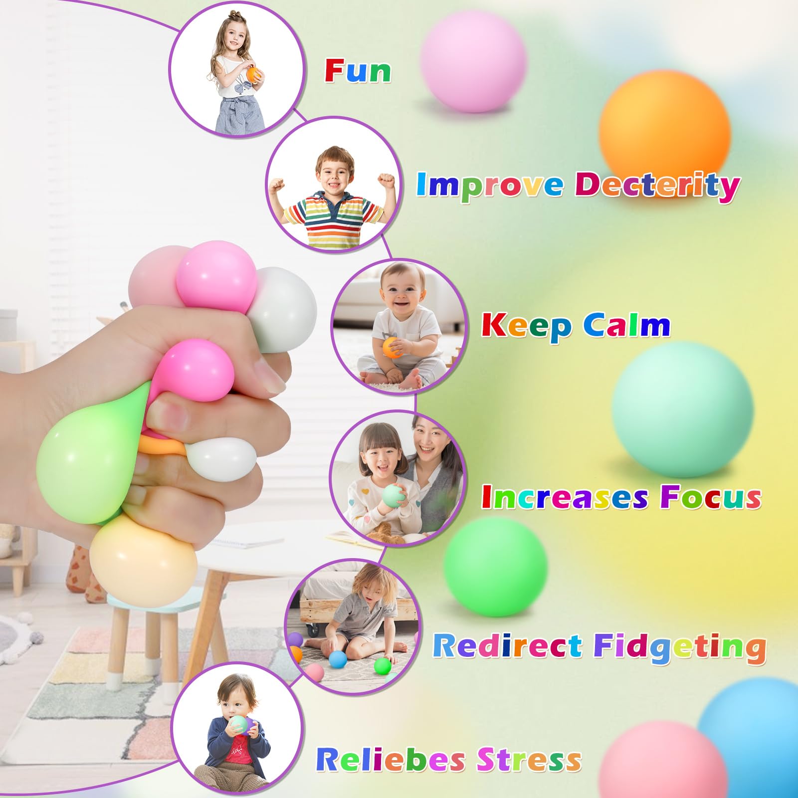 12-Pack Squeeze Stress Balls Set - Assorted Colors Fidget Toys for Anxiety Relief and Sensory Play