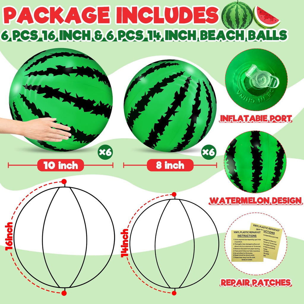12 Pack Watermelon Beach Balls by TURNMEON – 16'' and 14'' Inflatable Beach Balls for Summer Pool Parties, Luaus, and Outdoor Fun
