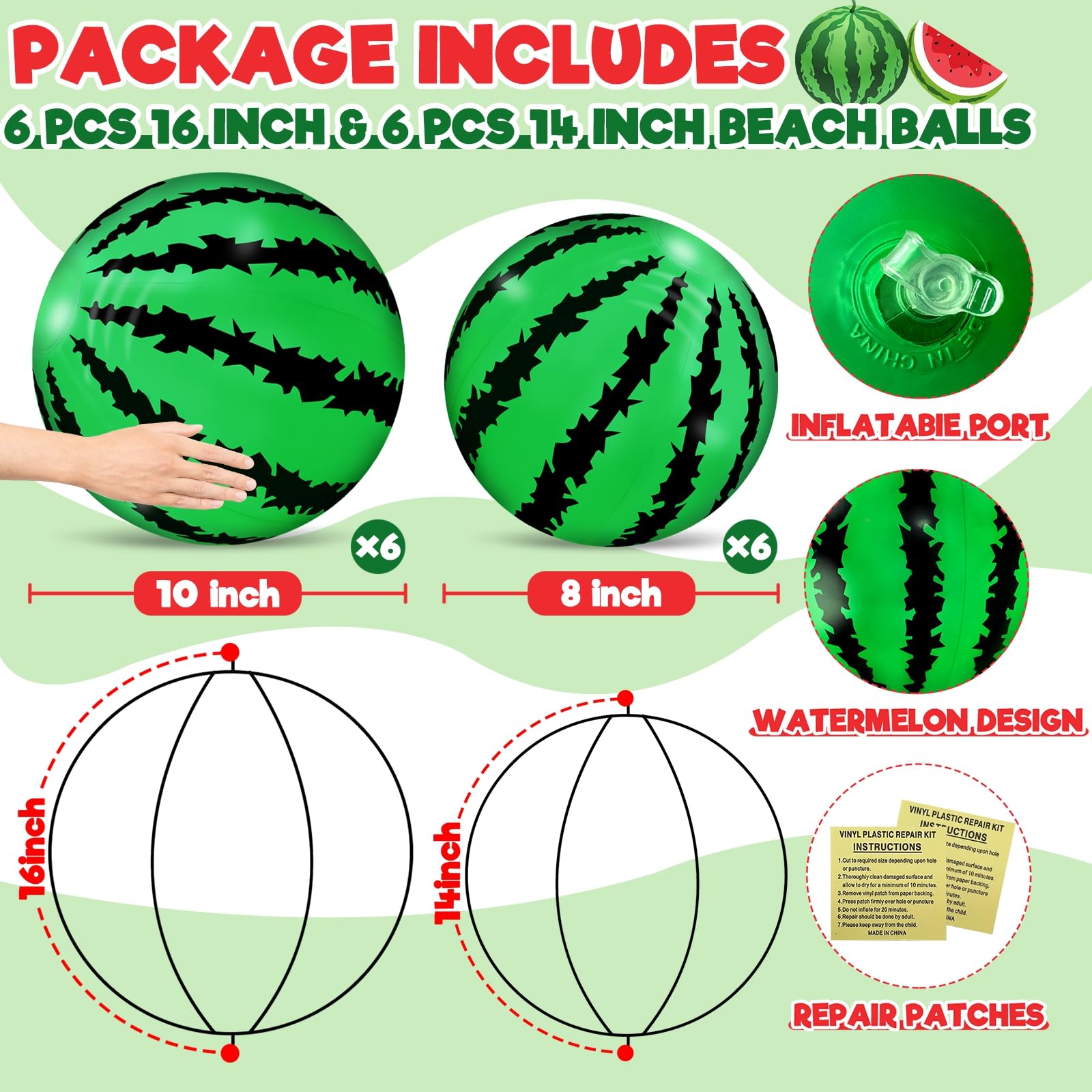 12 Pack Watermelon Beach Balls by TURNMEON – 16'' and 14'' Inflatable Beach Balls for Summer Pool Parties, Luaus, and Outdoor Fun