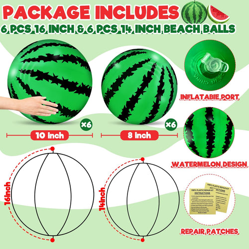12 Pack Watermelon Beach Balls by TURNMEON – 16'' and 14'' Inflatable Beach Balls for Summer Pool Parties, Luaus, and Outdoor Fun
