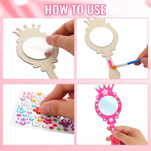 12-Pack Wooden Princess Mirror Craft for Kids | DIY Paint & Gem Stickers