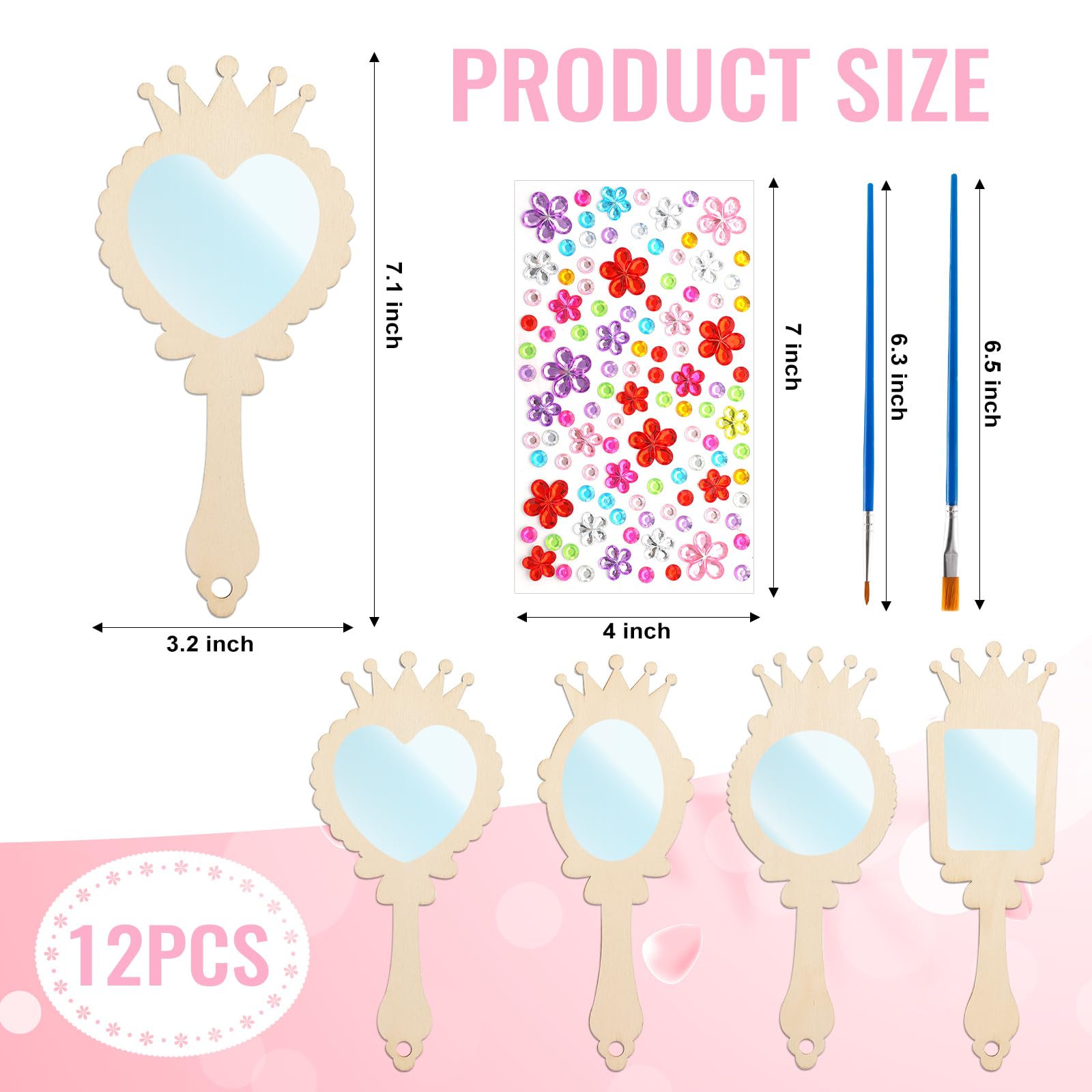 12-Pack Wooden Princess Mirror Craft for Kids | DIY Paint & Gem Stickers