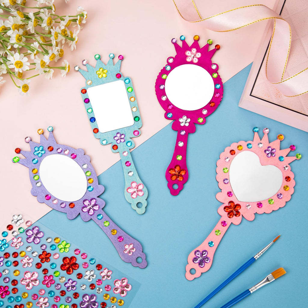 12-Pack Wooden Princess Mirror Craft for Kids | DIY Paint & Gem Stickers