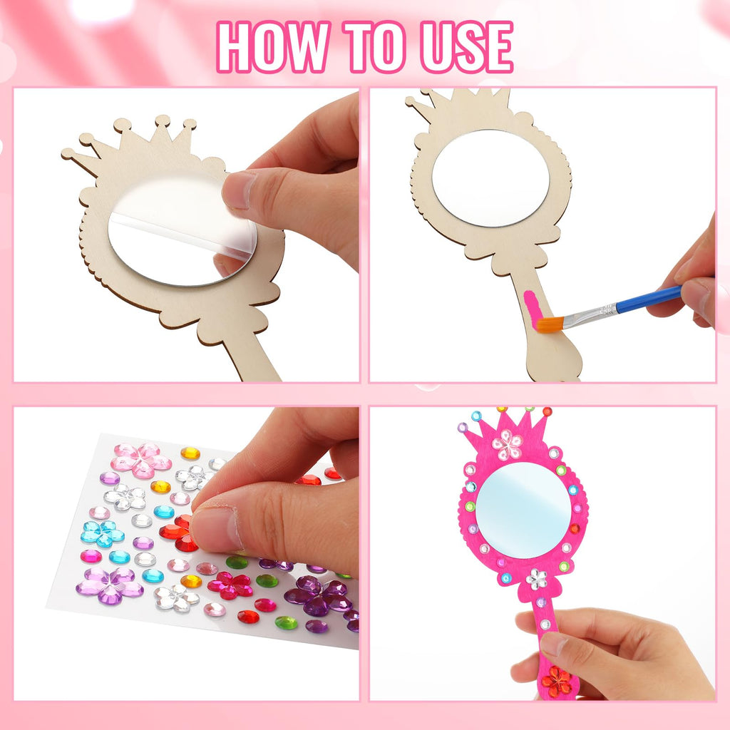 12-Pack Wooden Princess Mirror Craft for Kids | DIY Paint & Gem Stickers