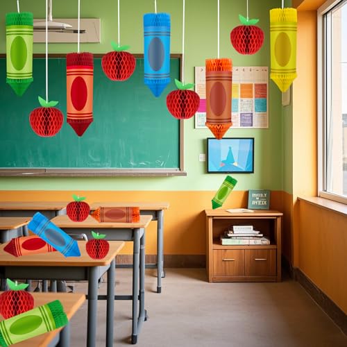 12-Piece Back-to-School Honeycomb Hanging Decorations – Crayon & Apple Shapes for Classroom Ceiling