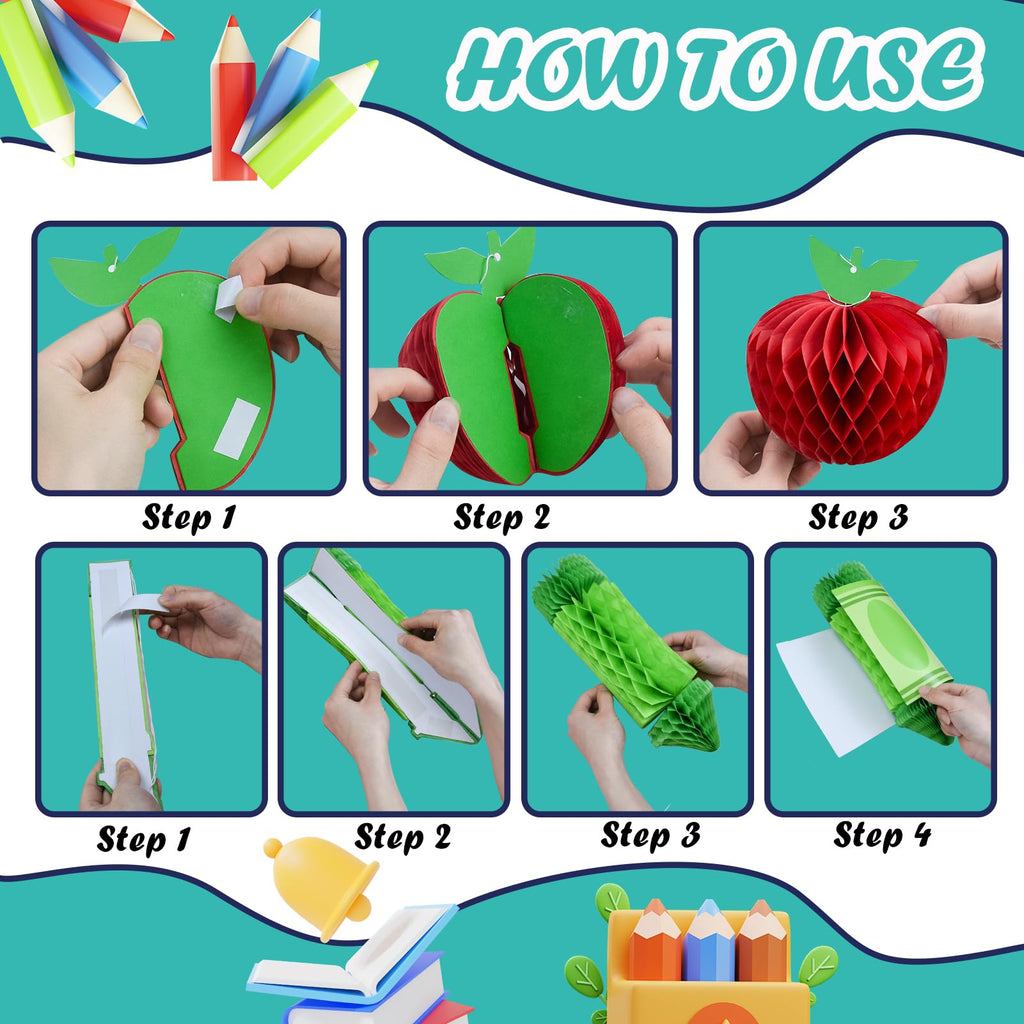 12-Piece Back-to-School Honeycomb Hanging Decorations – Crayon & Apple Shapes for Classroom Ceiling