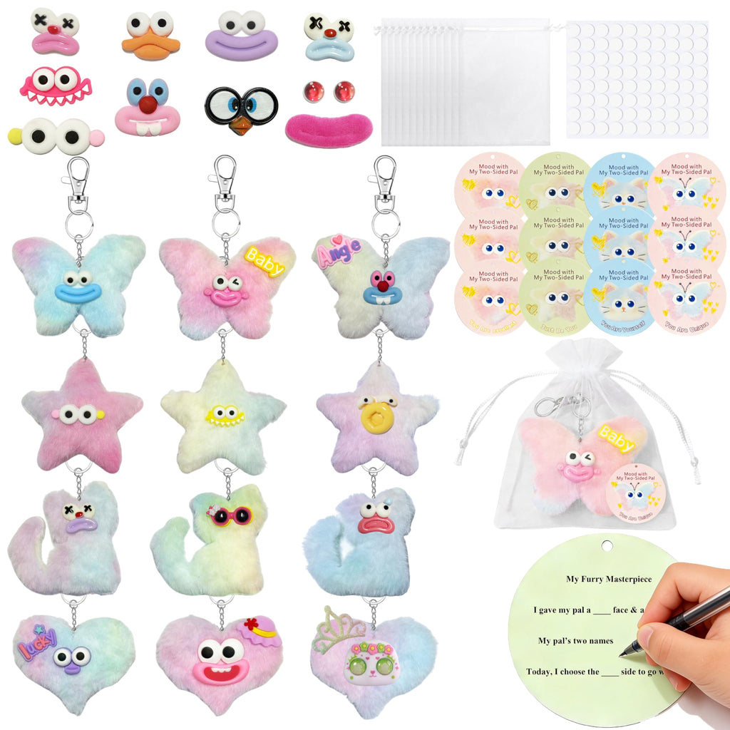 12-Piece DIY Plush Keychain Craft Kit for Kids – Double-Sided Party Favors with Stickers and Mood Cards