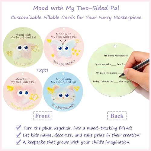 12-Piece DIY Plush Keychain Craft Kit for Kids – Double-Sided Party Favors with Stickers and Mood Cards