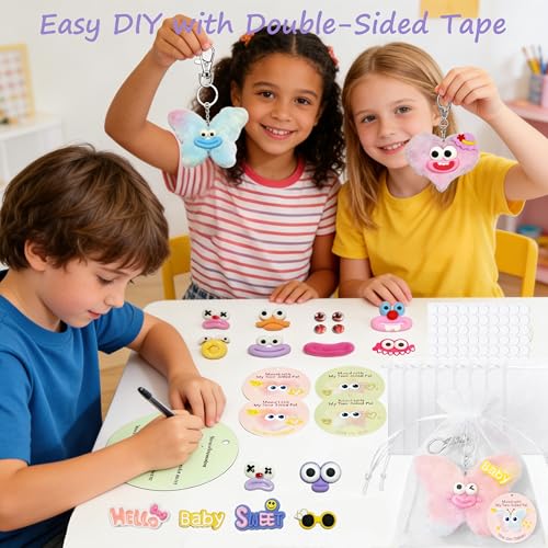 12-Piece DIY Plush Keychain Craft Kit for Kids – Double-Sided Party Favors with Stickers and Mood Cards