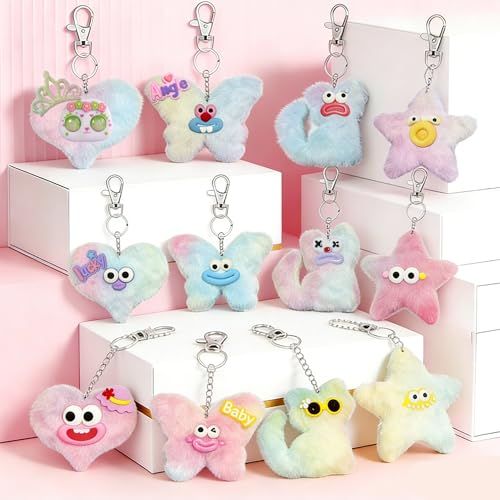 12-Piece DIY Plush Keychain Craft Kit for Kids – Double-Sided Party Favors with Stickers and Mood Cards