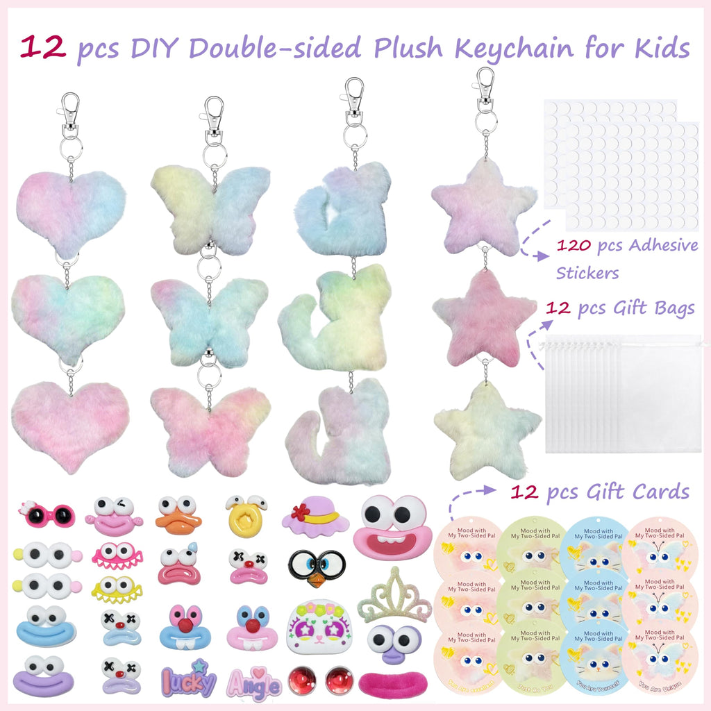12-Piece DIY Plush Keychain Craft Kit for Kids – Double-Sided Party Favors with Stickers and Mood Cards