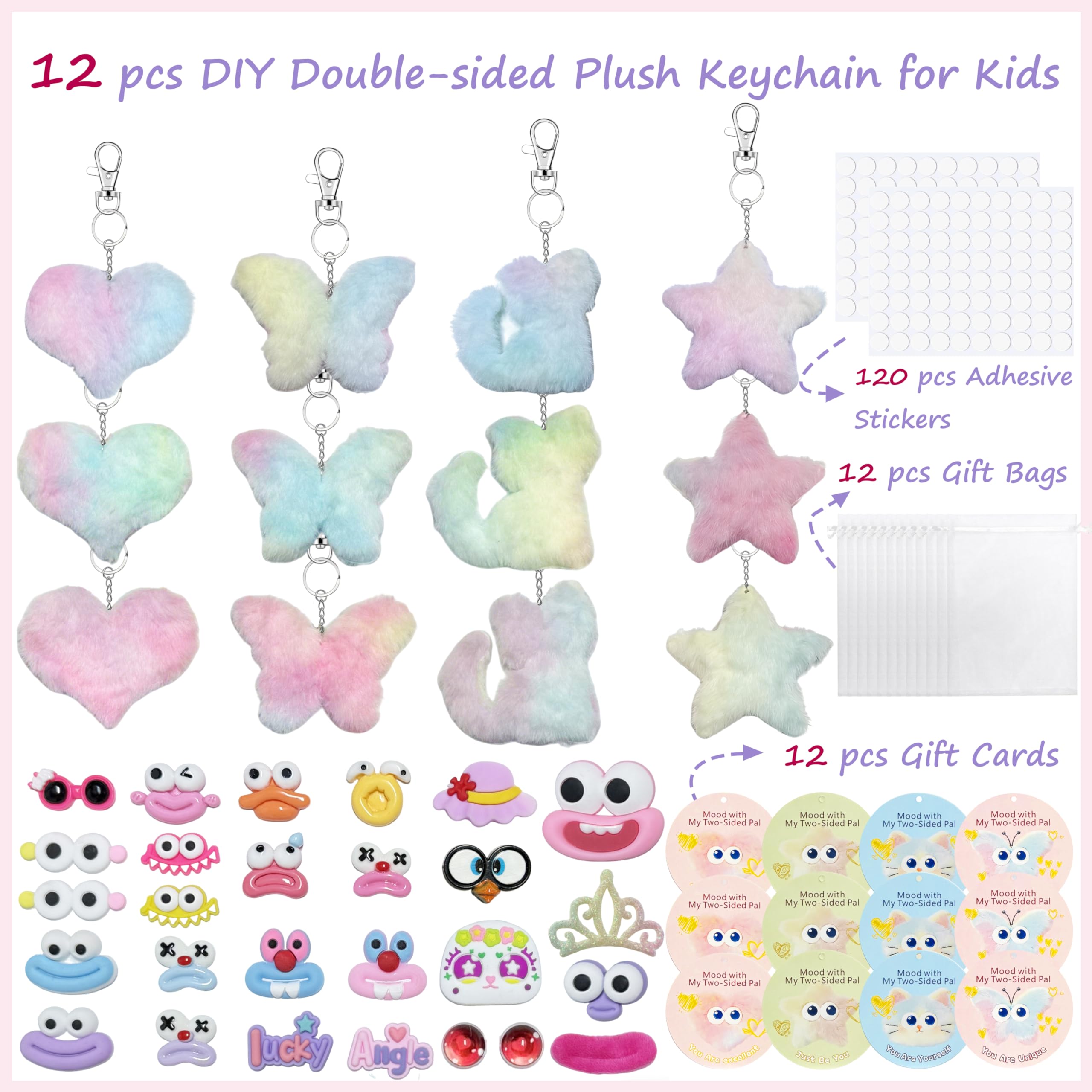 12-Piece DIY Plush Keychain Craft Kit for Kids – Double-Sided Party Favors with Stickers and Mood Cards