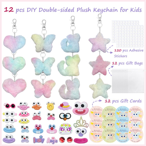 12-Piece DIY Plush Keychain Craft Kit for Kids – Double-Sided Party Favors with Stickers and Mood Cards