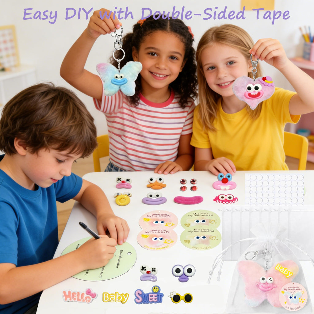 12-Piece DIY Plush Keychain Craft Kit for Kids – Double-Sided Party Favors with Stickers and Mood Cards
